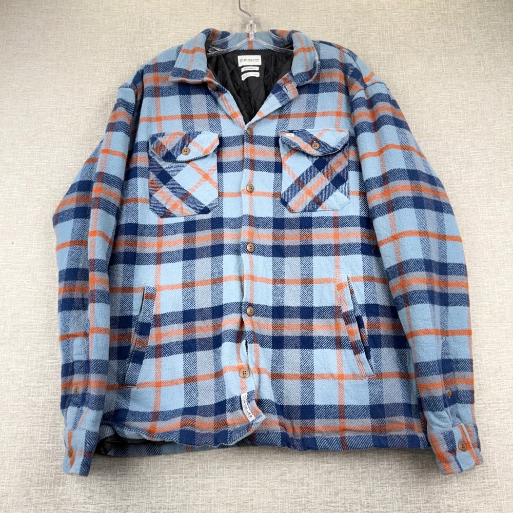 Quiksilver Mens Plaid Flannel Shirt Jacket Quilted Lining Blue Orange Large